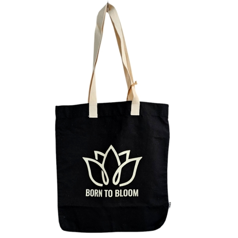 Born To Bloom Black Cream Organic Cotton Canvas Tote Bag Lotus Flower Print Gift